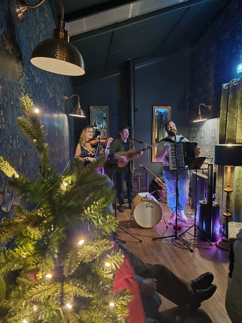 The band playing beside a Christmas tree