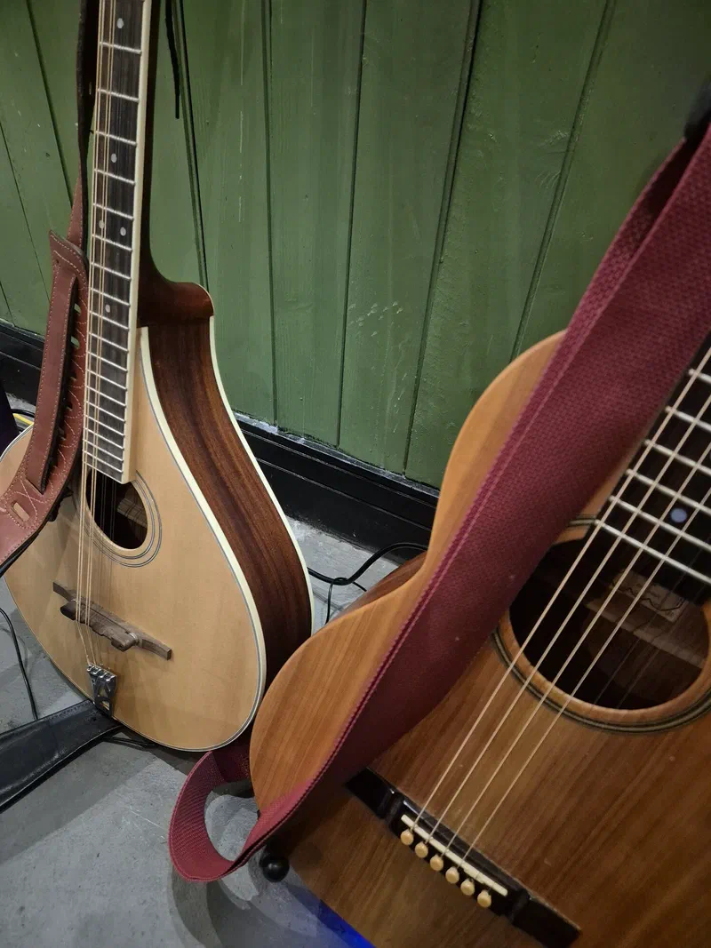 Bouzouki, mandolin and guitar resting against a green wall