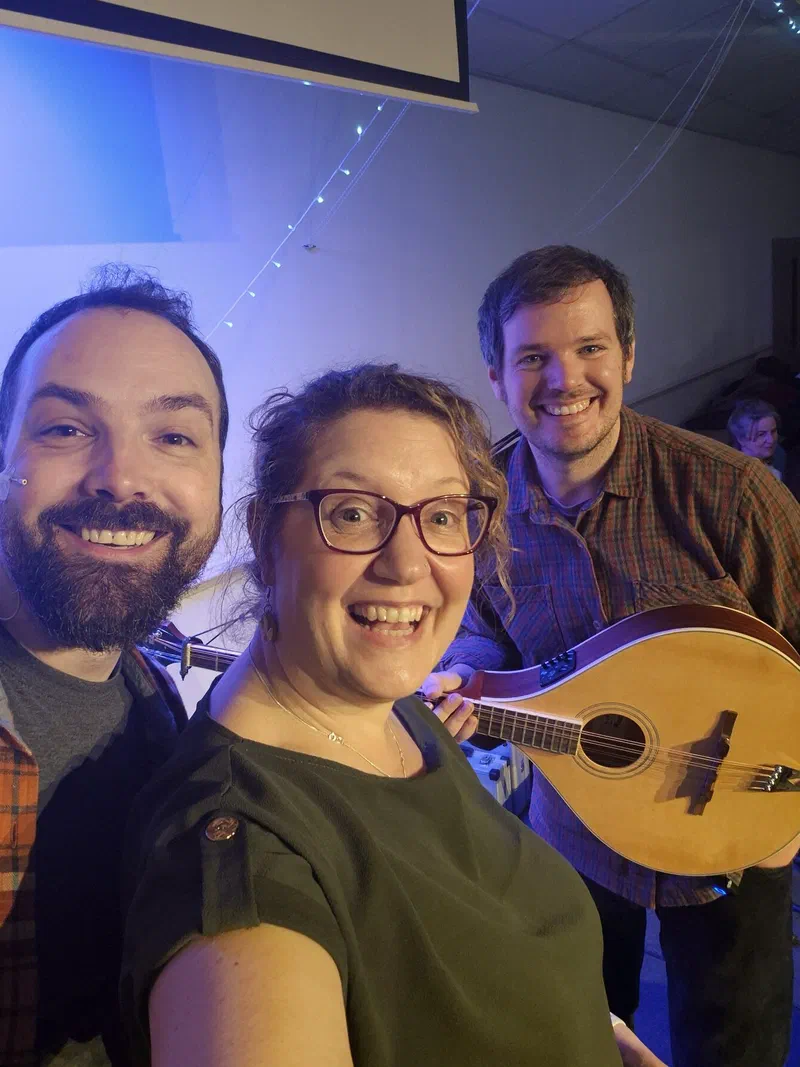 Dom, Sarah and Tom in a selfie before a gig