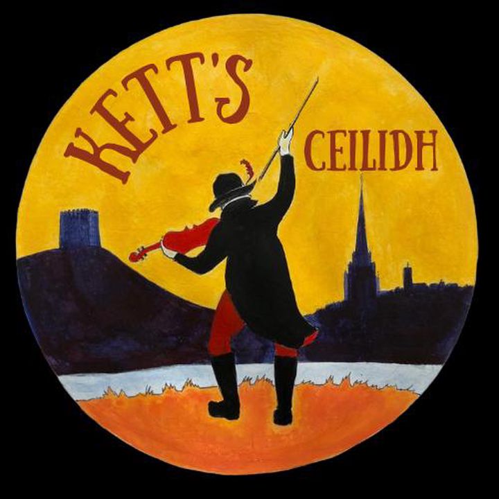 Kett's Ceilidh Band badge — a fiddler against the Norwich skyline